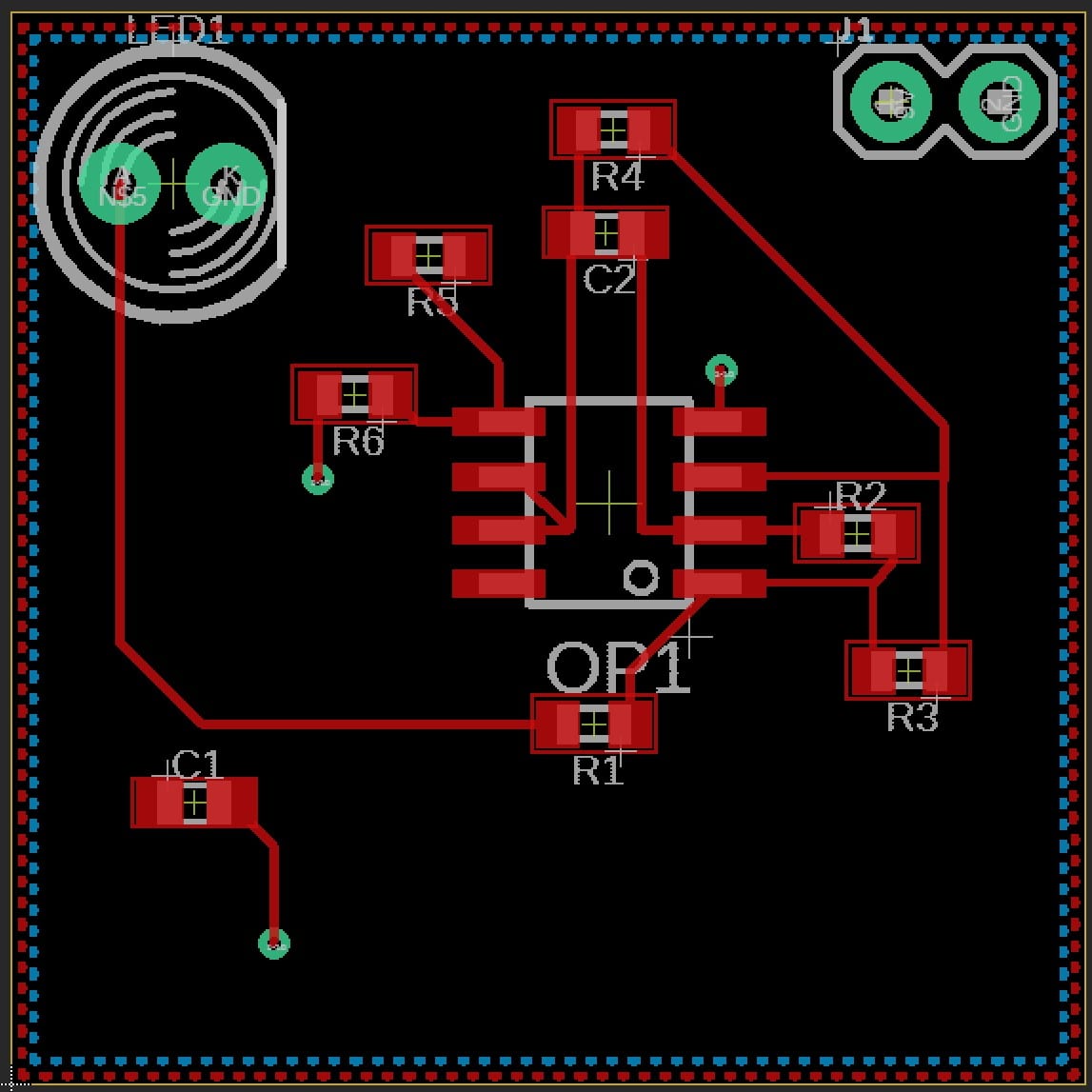 A PCB layout of the Blinky board: an 8-pin op-amp at centre, six surface-mount resistors and two capacitors placed around it, an LED footprint and a two-pin power connector, with red copper traces routing between them.