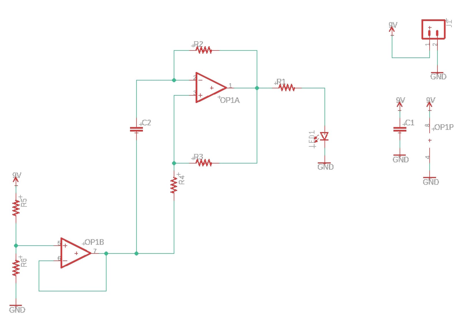 A schematic of the Blinky circuit: a dual op-amp labelled OP1A and OP1B with feedback resistors R2, R3, R4, a capacitor C2, a bias divider R5/R6, an output resistor R1 driving an LED to ground, and a 9-volt supply with a decoupling capacitor C1.