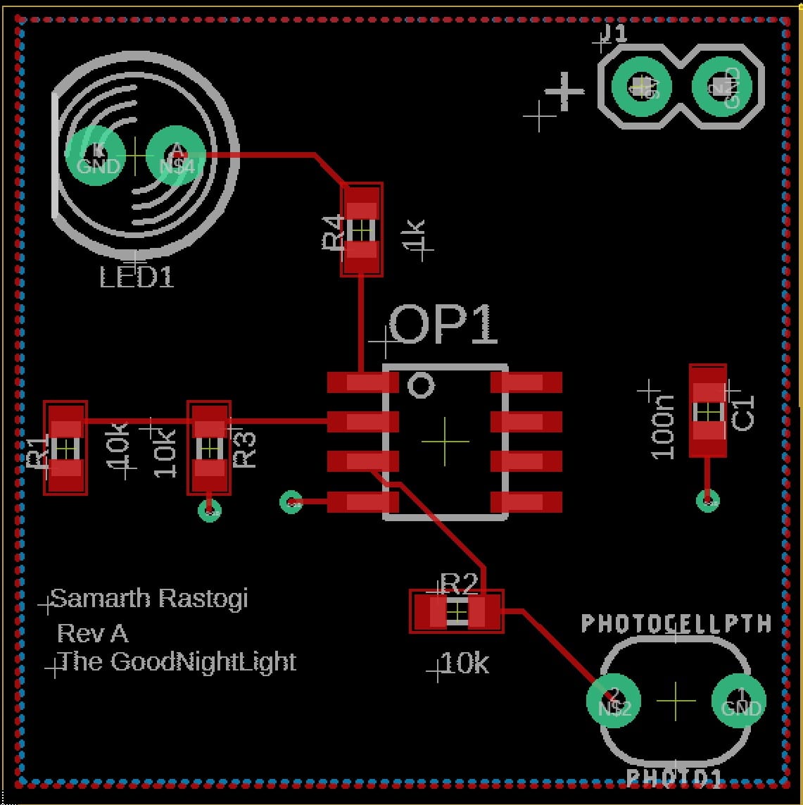 A PCB layout titled 'The GoodNightLight, Rev A, Samarth Rastogi' with an 8-pin op-amp at centre, surface-mount resistors R1 through R4, a 100 nF capacitor, an LED footprint, a photocell footprint labelled PHOTOCELLPTH, and a power connector, routed in red copper.