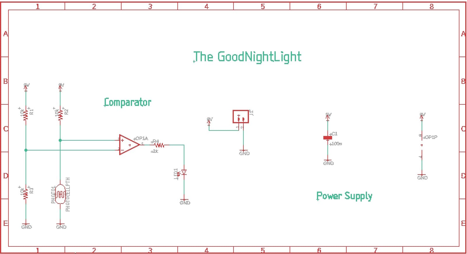 A schematic titled 'The GoodNightLight' with three sections labelled Comparator, power supply, and a connector. The comparator stage uses an op-amp OP1A with input resistors R1, R2, R3 and a photocell PHOTO1, driving an LED through R4; a 9-volt supply feeds a decoupling capacitor.