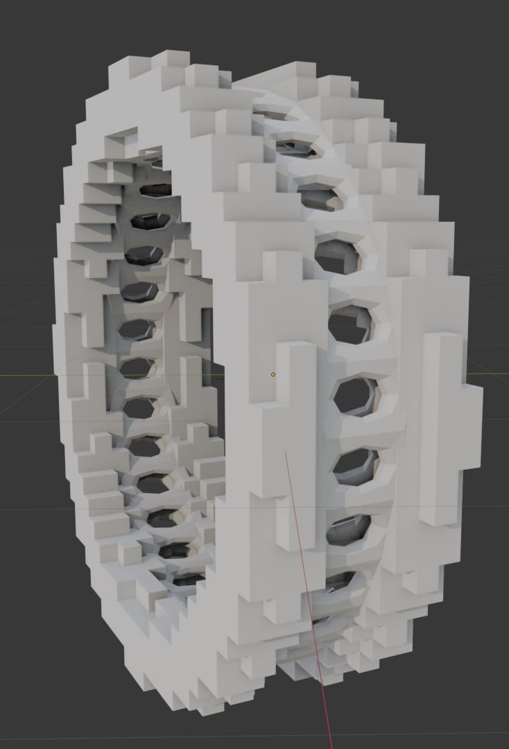 A grey Blender render of a ring built from a coarse blocky voxel structure — chunky cubic steps forming the band with large rounded holes cut through it, a stair-stepped surface throughout.