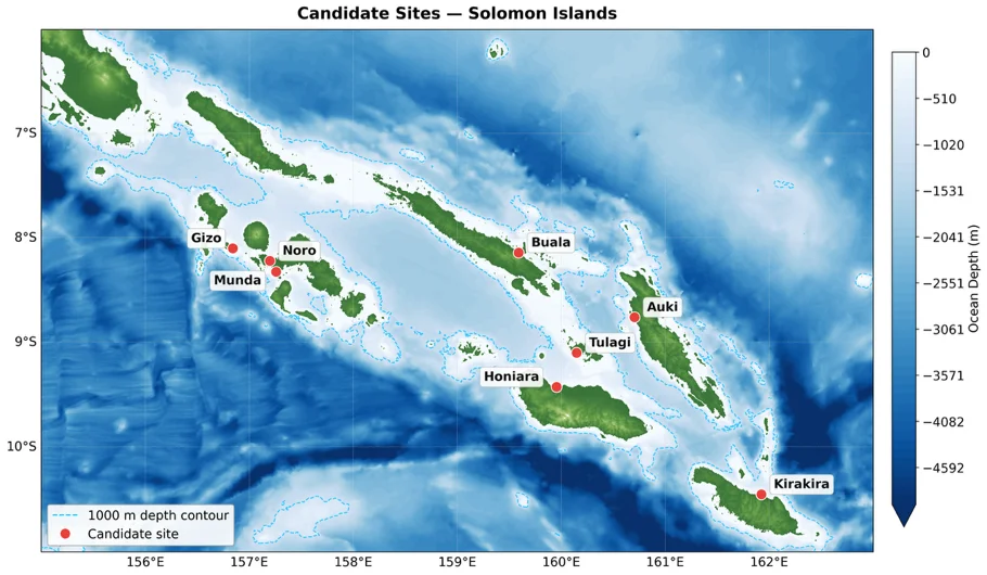 Bathymetric map of the Solomon Islands showing candidate deployment sites (Gizo, Munda, Noro, Buala, Auki, Tulagi, Honiara, Kirakira) marked with red dots, with a dashed cyan 1,000-meter depth contour indicating where cold deep water is accessible near shore.